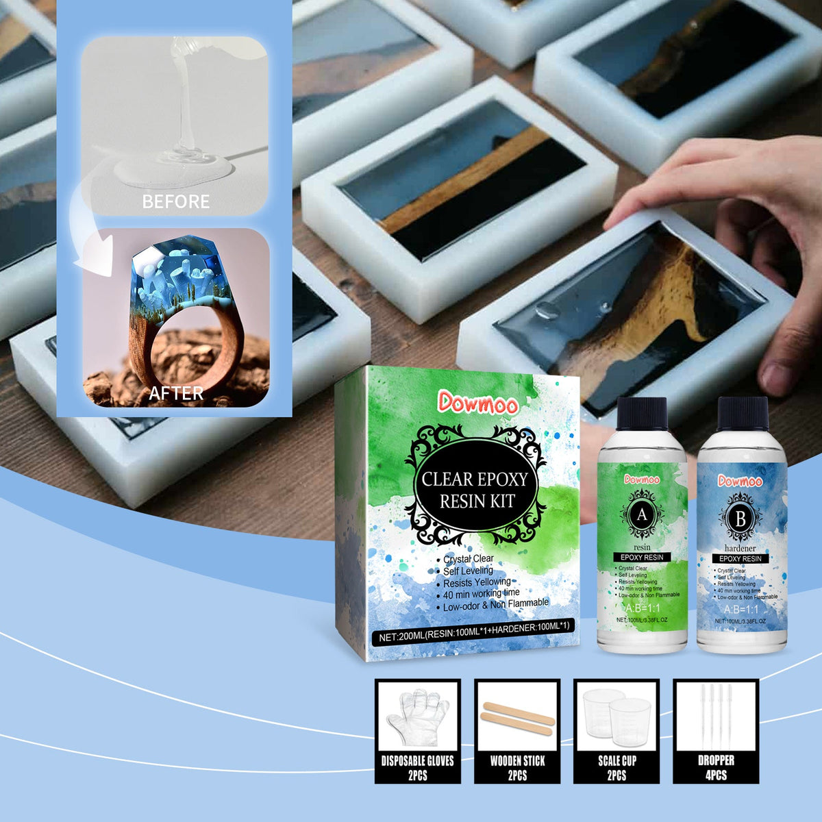 Clear Epoxy Resin Kit, High Transparent Yellowing Resistance DIY Material Epoxy Resin Handmade Products Set