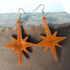 Love For Resin orange starburst resin dangle earrings with gold-tone hooks resting on a grey stone surface