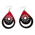 Love For Resin teardrop dangle earrings with a red to black gradient, sunburst motif, and crescent cutout design.